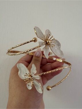 Gold Floral Double Cuff Bracelet with White Enamel Flowers